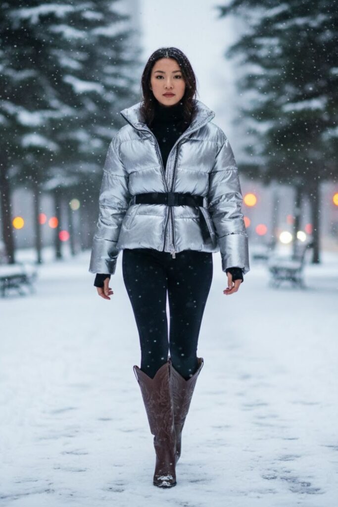 11. Puffer Jacket and Cowboy Boots