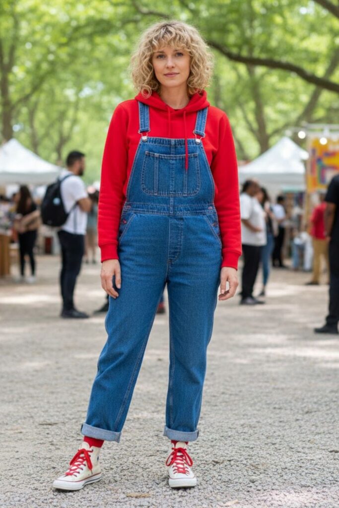 11. Red Hoodie with Overalls and Sneakers