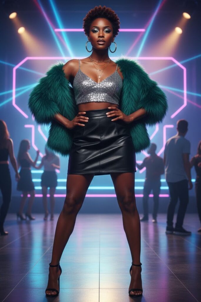 11. Sparkly Crop Top with Faux Leather Skirt