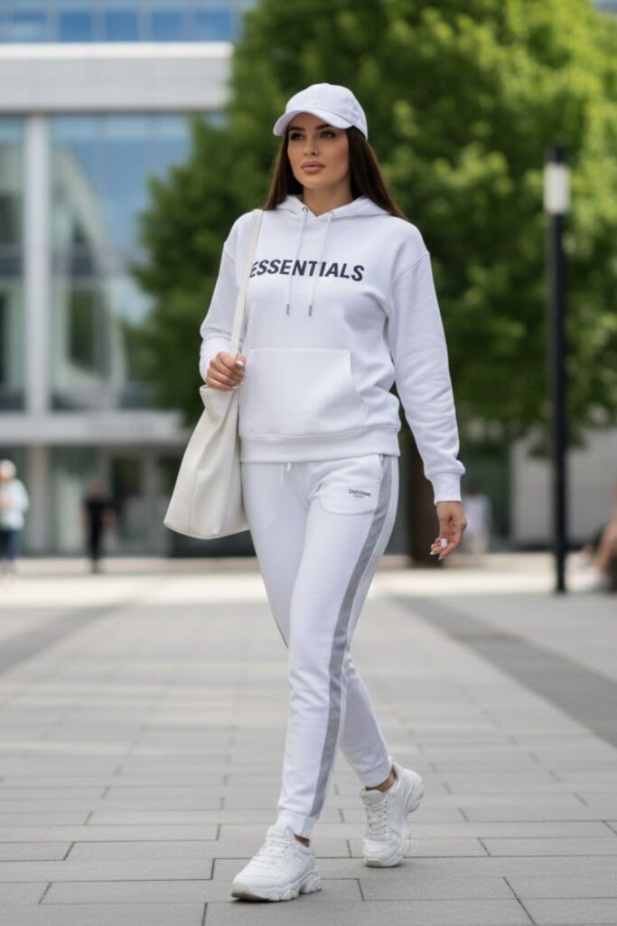 11. White Hoodie with Track Pants and Trainers