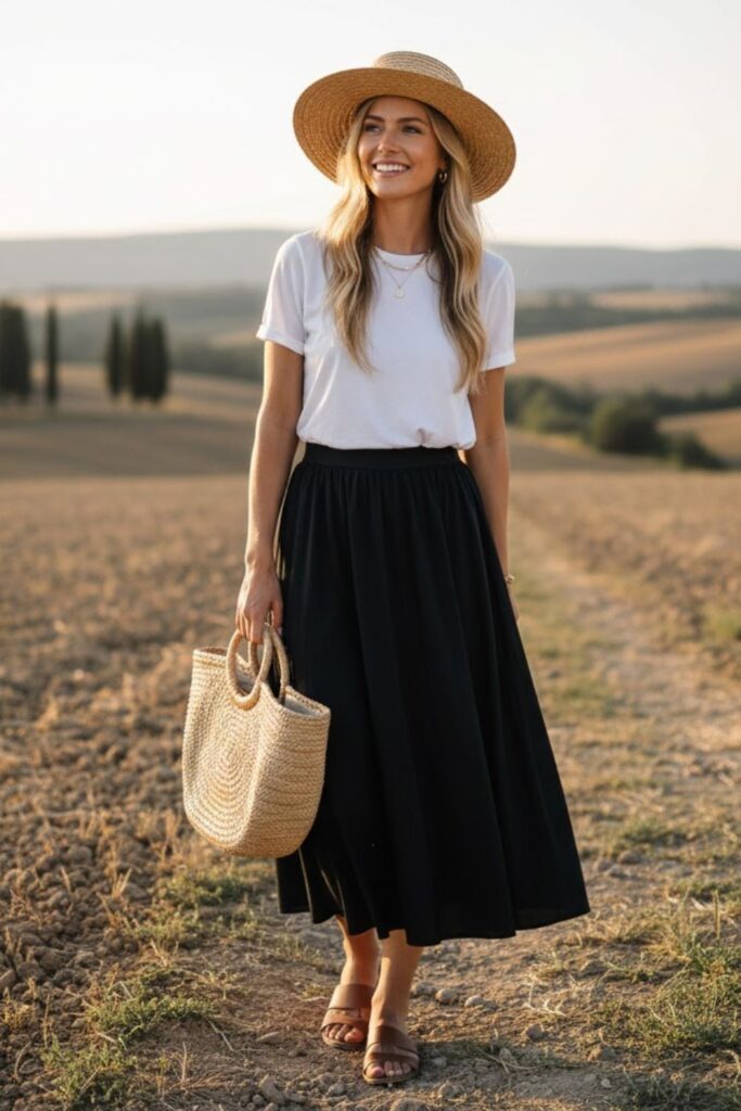 11. White T-Shirt and Leather Sandals