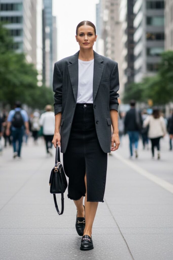 12. Black Denim Midi Skirt with an Oversized Blazer