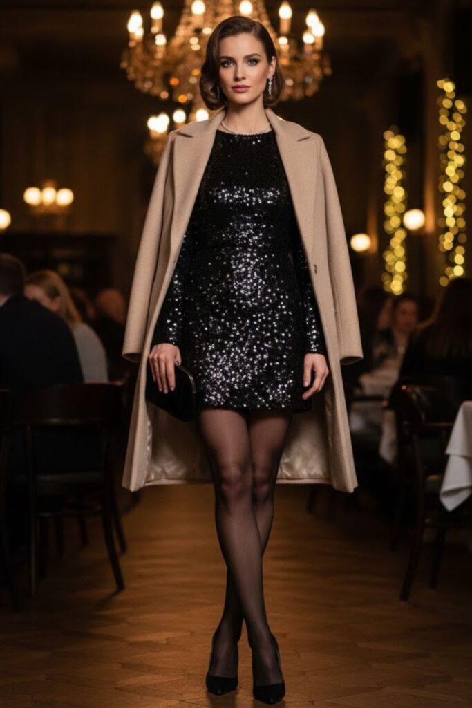 12. Black Sequin Dress with Tailored Coat