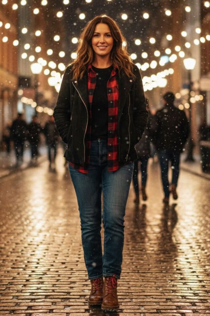 12. Black Suede Jacket with Flannel and Jeans