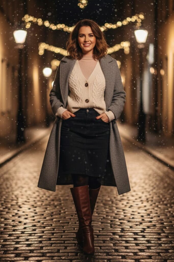 12. Cable-Knit Cardigan and Long Boots