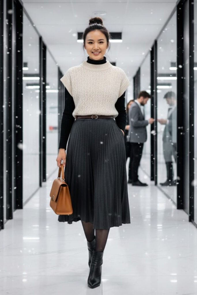 12. Cropped Sweater Vest with Pleated Midi Skirt