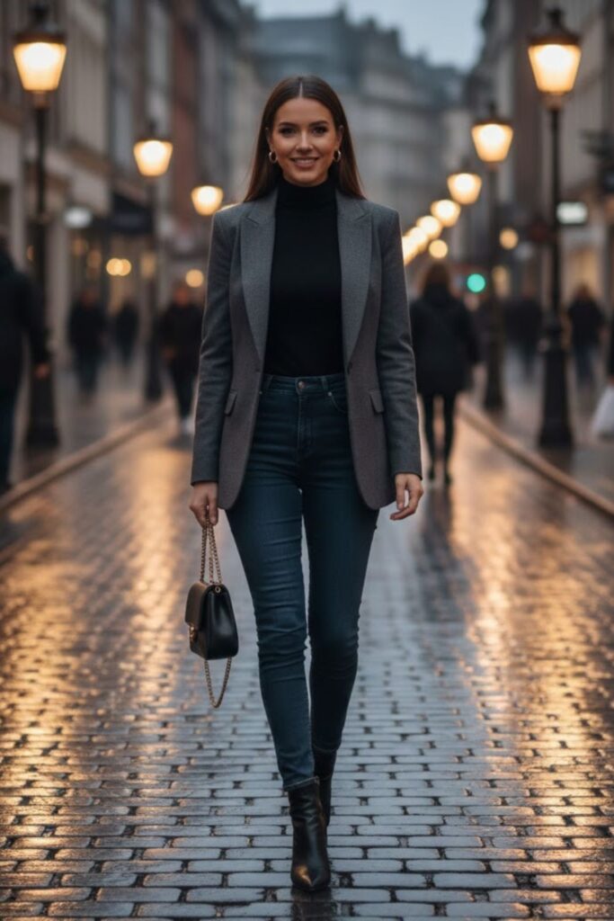 12. Dark Wash Jeans with Blazer and Turtleneck
