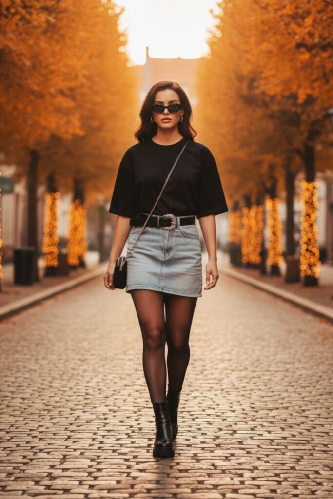 12. Denim Micro Mini Skirt with Oversized T-Shirt and Belt