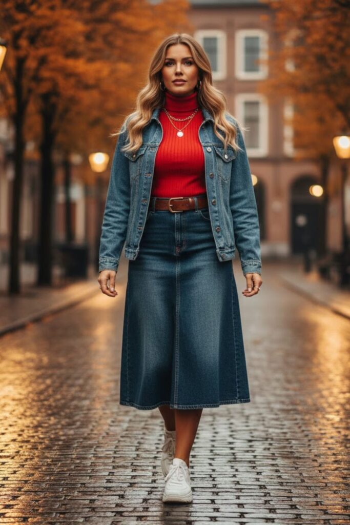 12. Denim Midi Skirt with a Denim Jacket