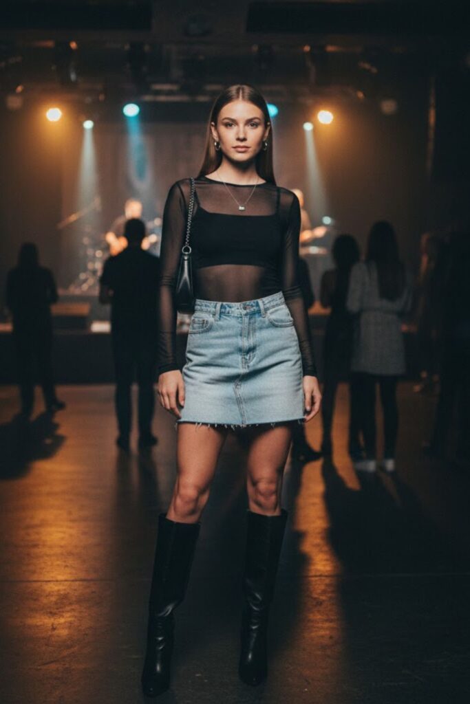 12. Denim Mini Skirt with Sheer Long Sleeve and Boots