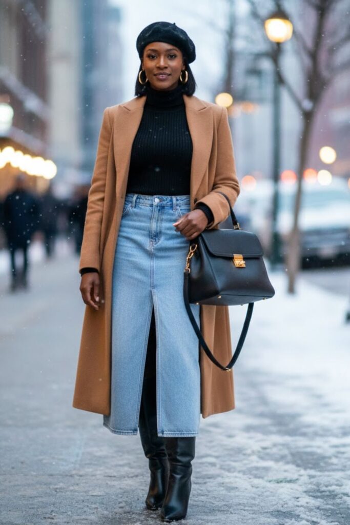 12. Denim Skirt and Long Coat Ensemble