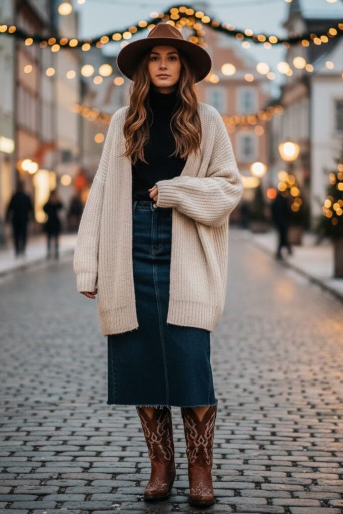 12. Denim Skirt and Oversized Cardigan