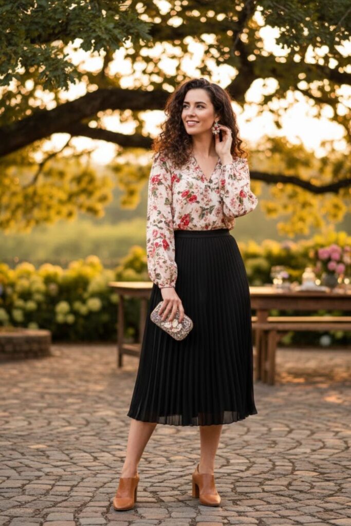 12. Floral Blouse and Block Heels