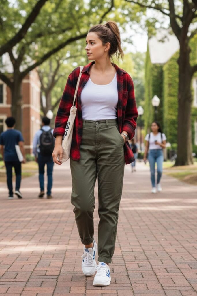 12. Green Parachute Pants with a White Tank and Flannel Shirt