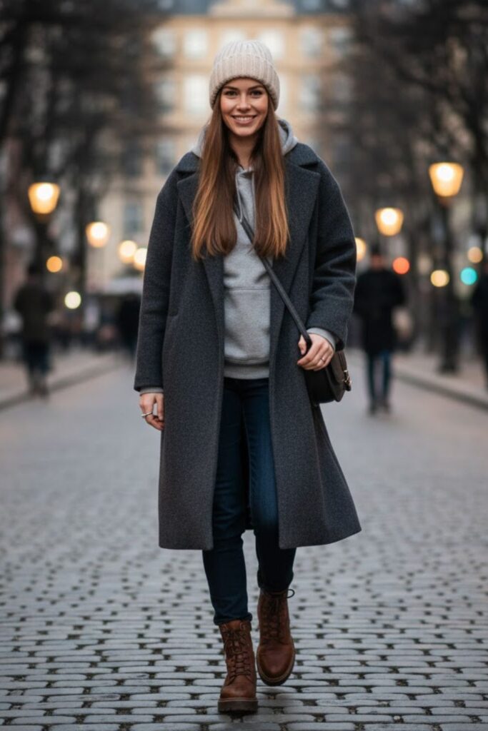 12. Grey Hoodie with Oversized Coat and Beanie