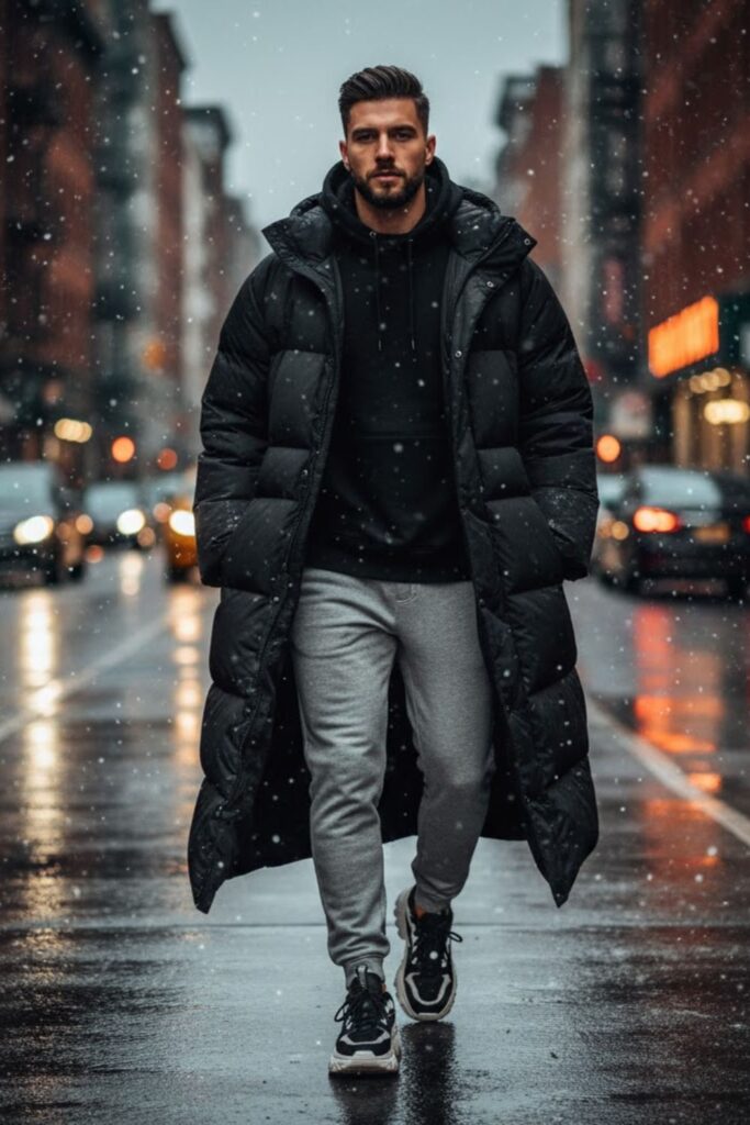 12. Grey Sweatpants with Black Puffer Coat