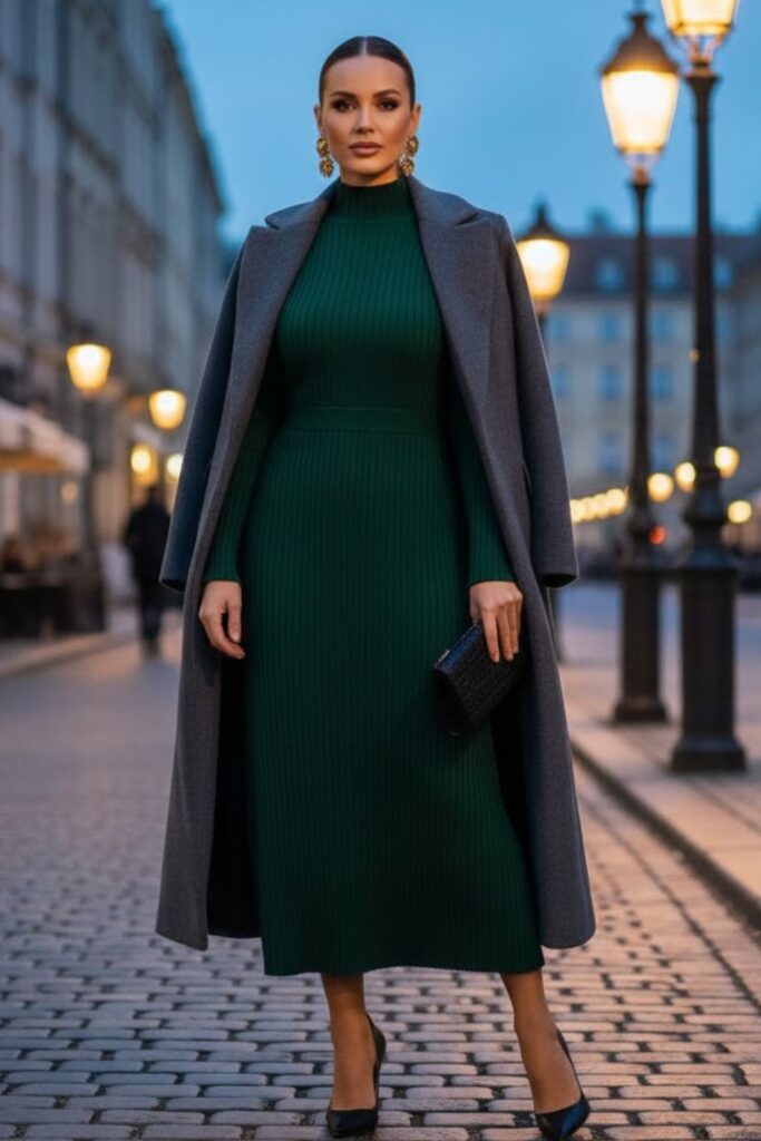12. High-Neck Midi Dress with Statement Coat
