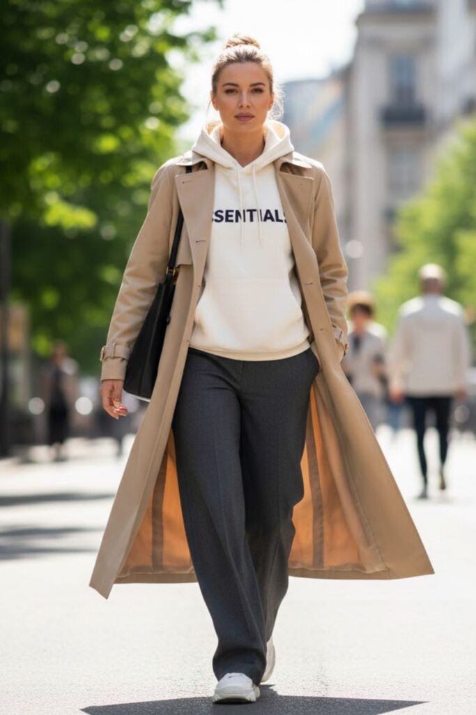 12. Hoodie with Long Trench Coat and Wide-Leg Pants