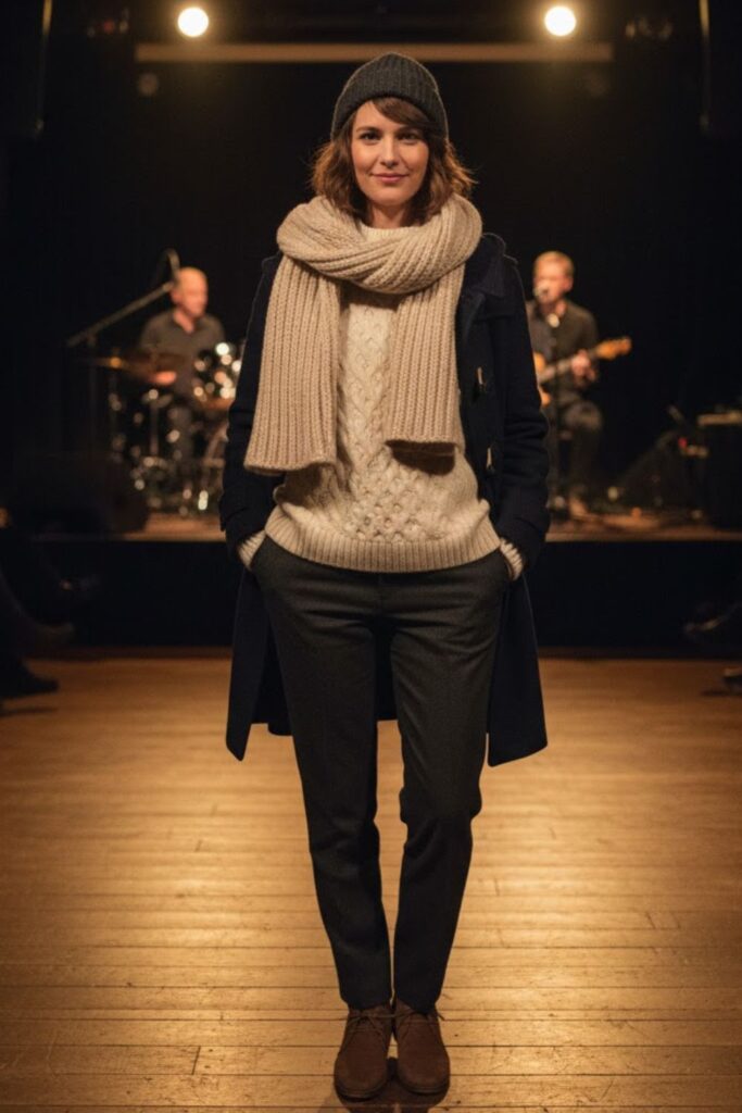 12. Knitwear and Oversized Scarf Look