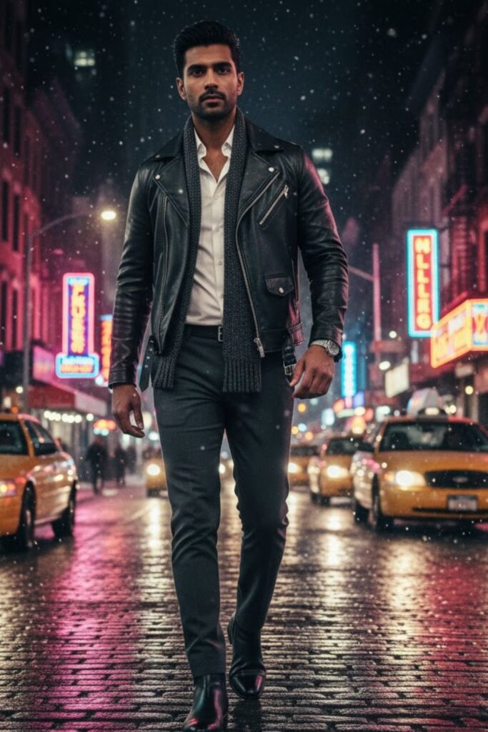 12. Leather Jacket with Dress Shirt and Slim Pants (Men)