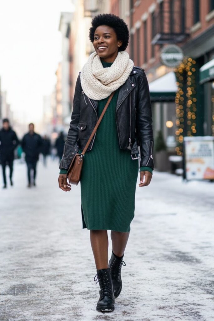 12. Leather Jacket with Knit Dress and Combat Boots