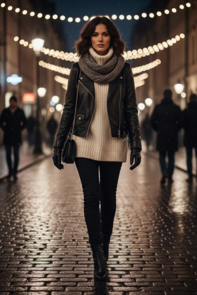 12. Leather Jacket with Sweater and Skinny Pants