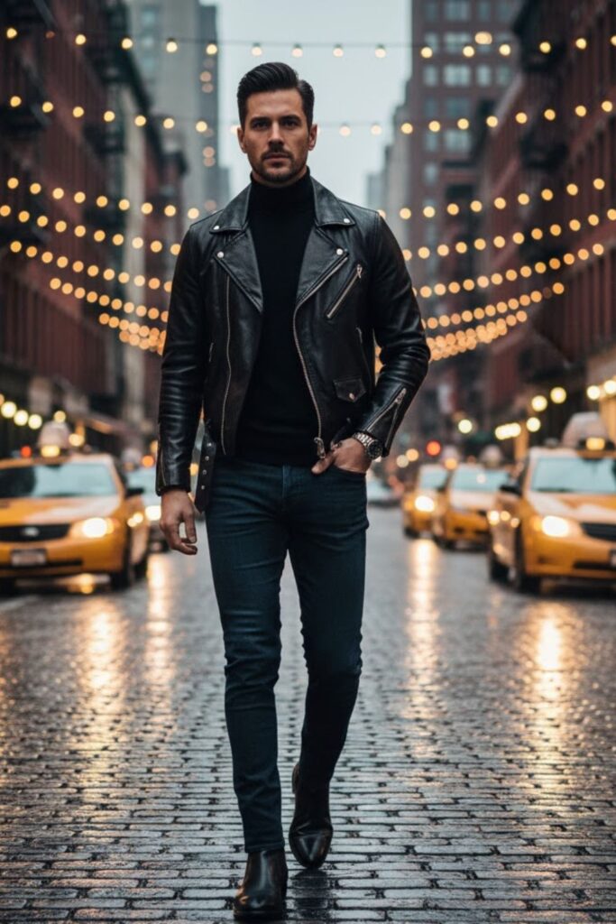 12. Leather Jacket with Turtleneck and Dark Jeans