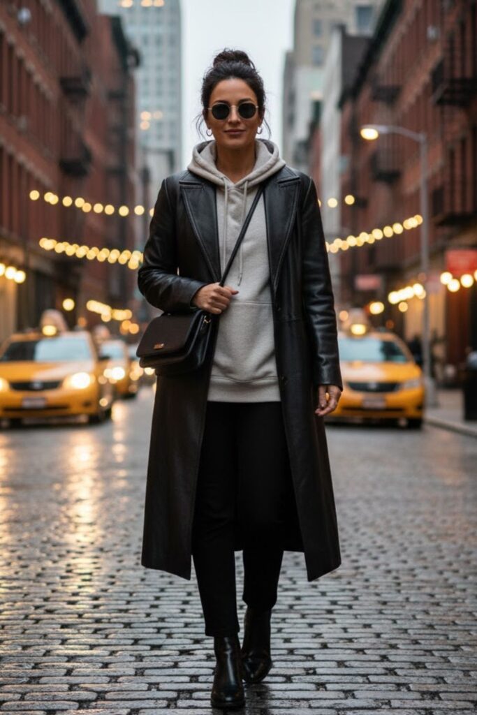 12. Leather Overcoat with Hoodie and Slim Trousers