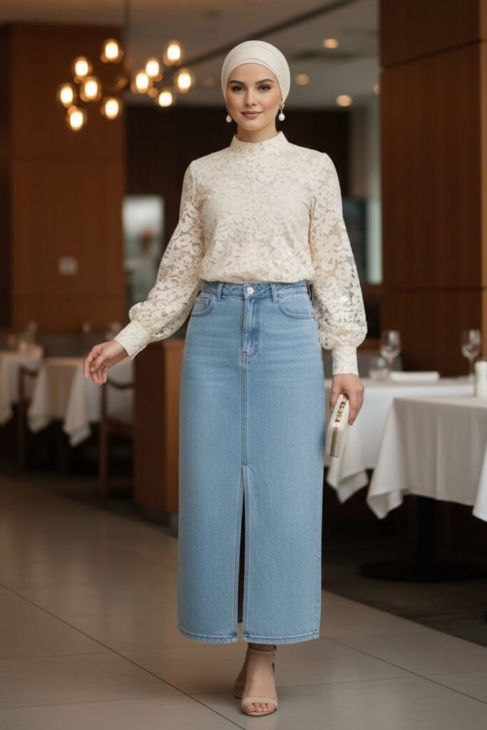 12. Long Denim Skirt with Lace Blouse