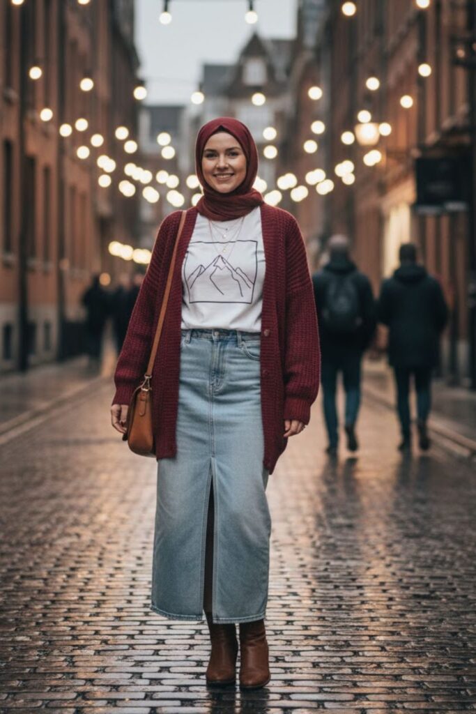 12. Long Denim Skirt with a Graphic Tee and Oversized Cardigan