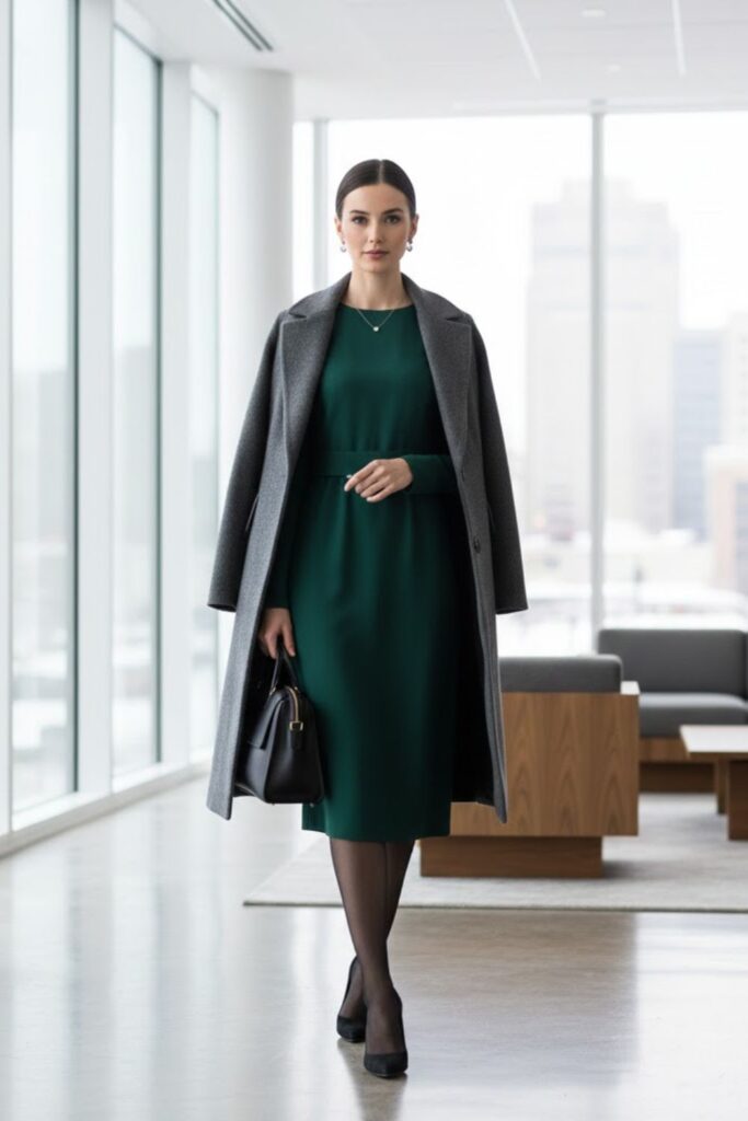 12. Long Sleeve Dress with Structured Coat and Heels