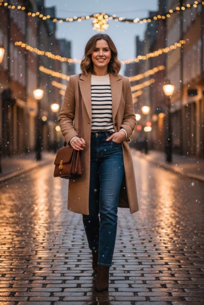 12. Long Wool Coat with Striped Sweater and Jeans