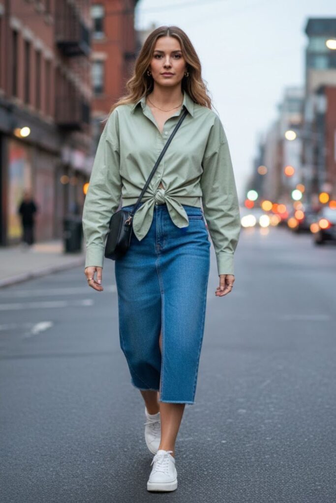 12. Midi Denim Skirt with an Oversized Shirt