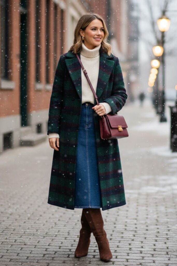 12. Plaid Coat and Cozy Sweater