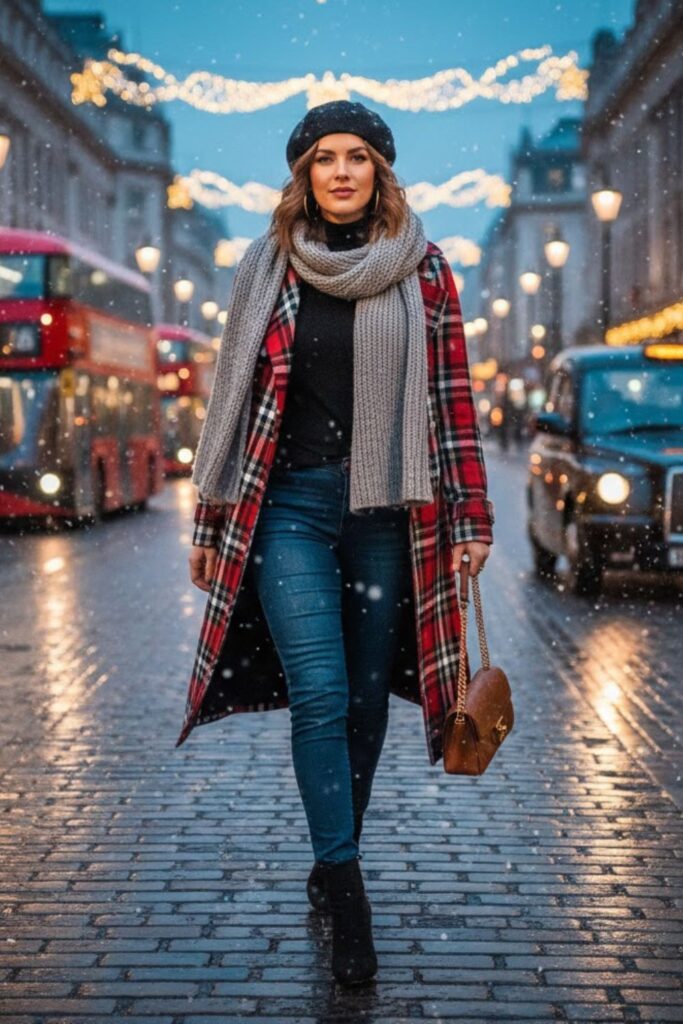 12. Plaid Coat with Fitted Jeans and Boots
