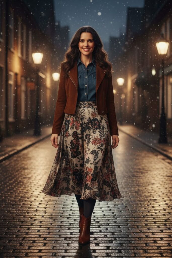 12. Printed Midi Skirt with Denim Shirt