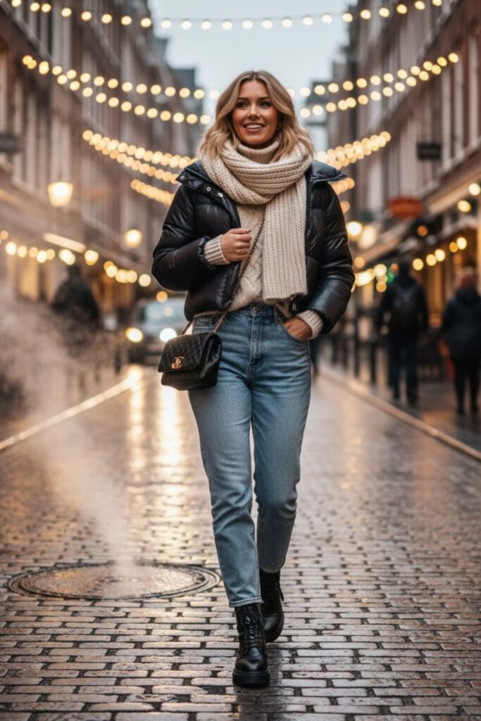 12. Puffer Jacket with Knit Sweater and Jeans