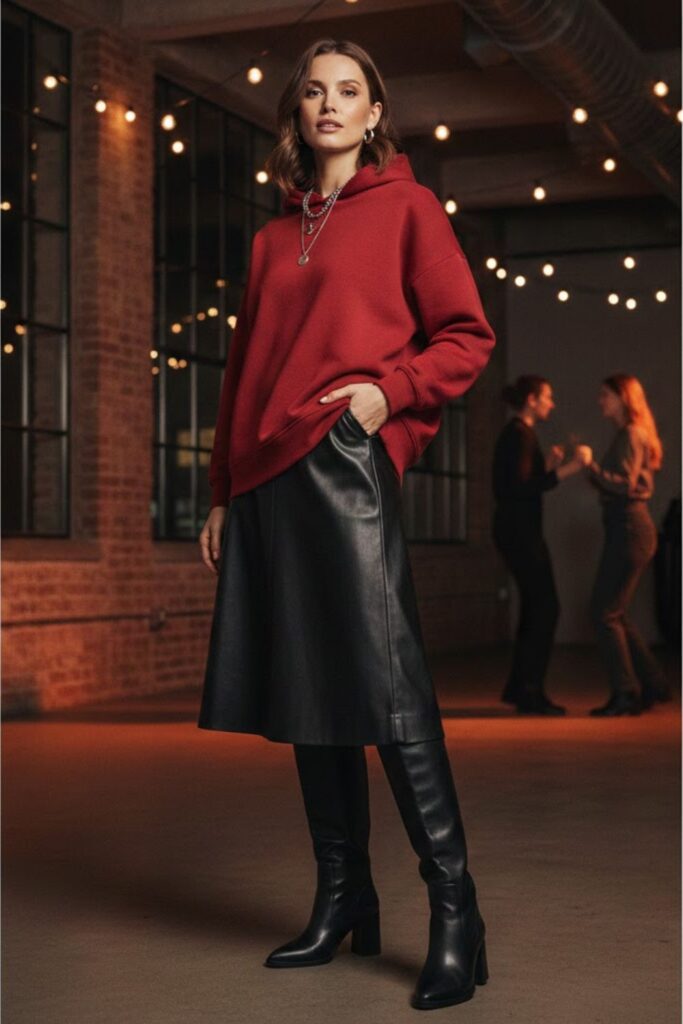 12. Red Hoodie with Leather Skirt and Boots