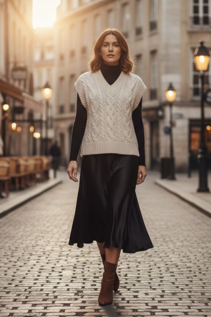 12. Silk Midi Skirt with a Knit Vest