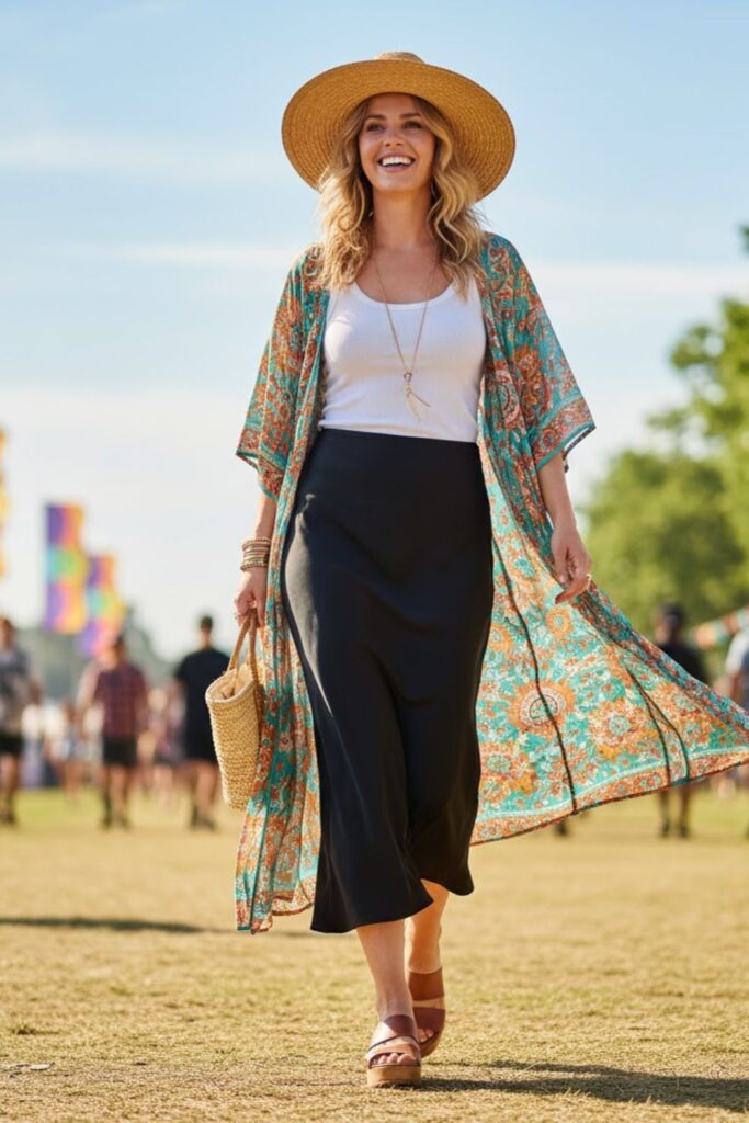12. Silk Skirt with a Light Kimono and Tank