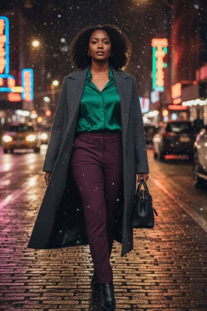 12. Wool Coat with Satin Blouse and Slim Trousers