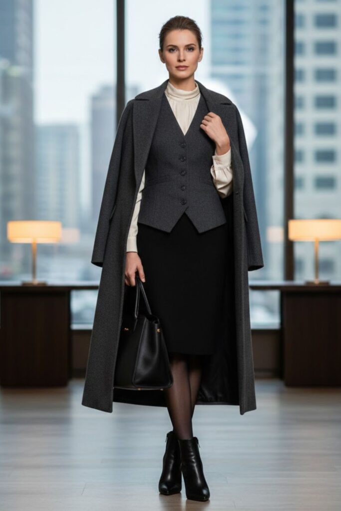 12. Wool Waistcoat with High-Neck Blouse and Pencil Skirt
