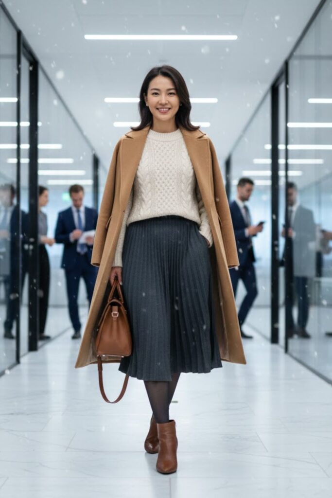 13. Cable-Knit Sweater with Pleated Skirt