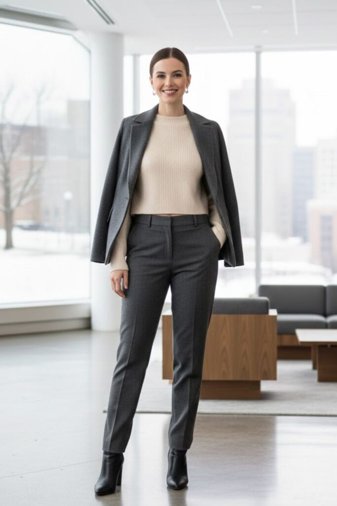 13. Cropped Sweater with High-Waist Trousers and Blazer