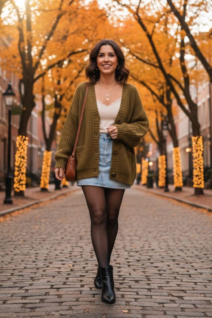 13. Denim Micro Mini Skirt with Knitted Cardigan