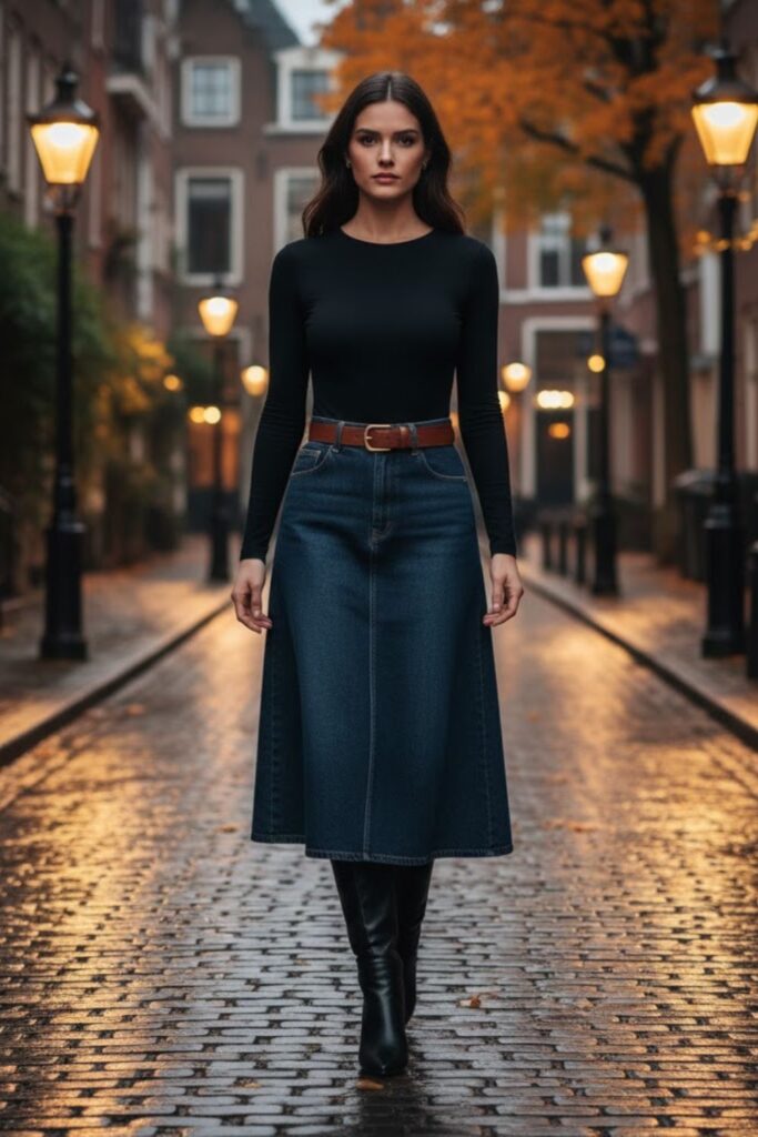 13. Denim Midi Skirt with a Long Sleeve Bodysuit