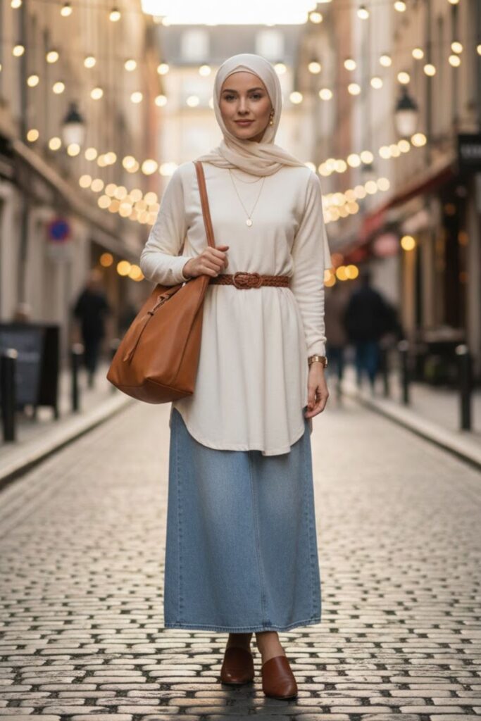 13. Denim Skirt with Belted Tunic