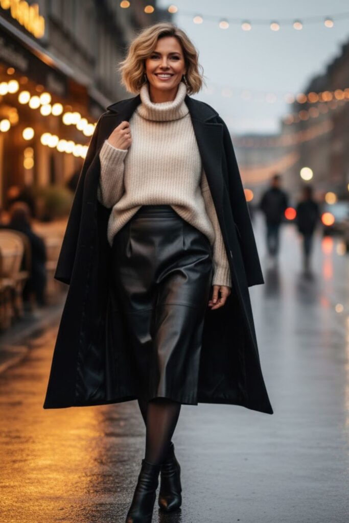 13. Faux Leather Skirt with Sweater