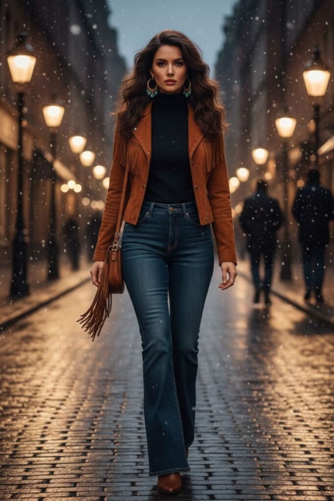 13. Flared Jeans with Suede Jacket