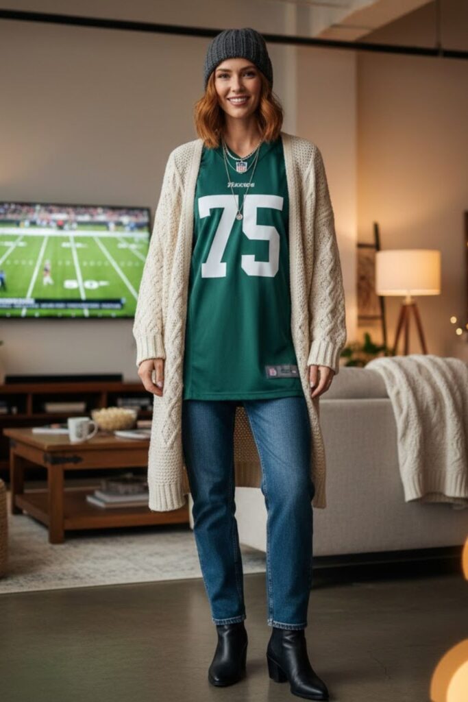13. Football Jersey Layered with Long Cardigan